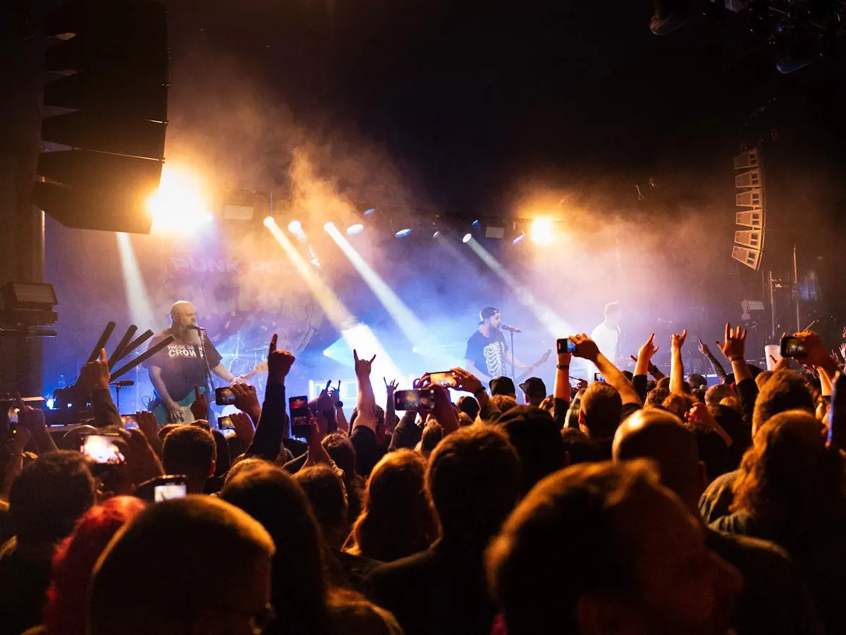 Punk Rock Factory playing live to a packed UK venue, crowd with hands raised